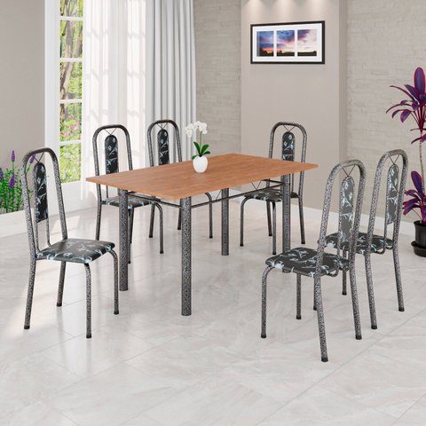 Conjunto de Mesa Tubular 136cm x 72cm Tampo MDF com 6 Cadeiras Lívia Prata/Preto