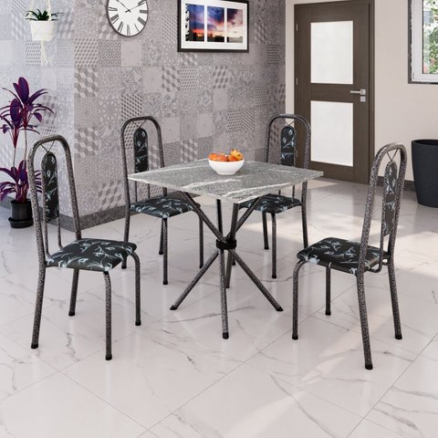 Conjunto de Mesa Tubular 70cm x 70cm Tampo Granito Topázio com 4 Cadeiras Lívia Prata/Preto