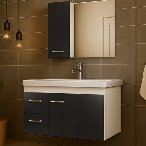 Kit Gabinete Armario para Banheiro com Cuba e Espelho 73cm Quality Fimap Montado Branco Grafite