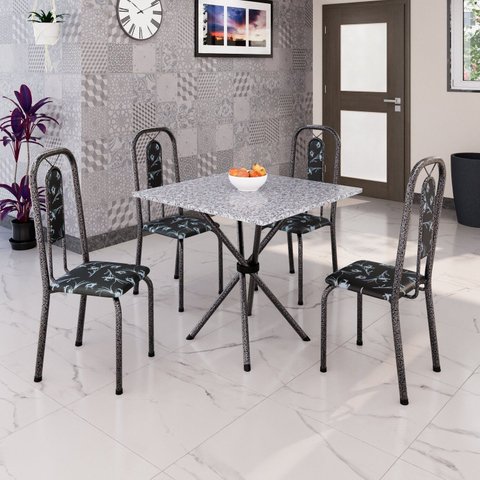 Conjunto de Mesa Tubular 70cm x 70cm Tampo Granito Ocre com 4 Cadeiras Lívia Prata/Preto