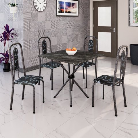 Conjunto de Mesa Tubular 70cm x 70cm Tampo Ardósia Indiano com 4 Cadeiras Lívia Prata/Preto