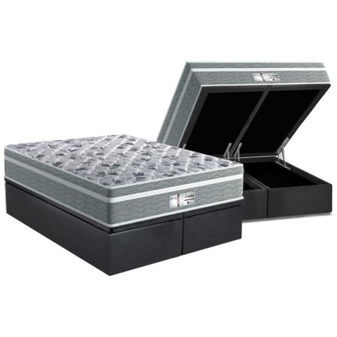 Cama Box Baú Queen: Colchão Molas Bonnel Probel Ensacadas Evolution Gray + Base Crc Suede Gray (