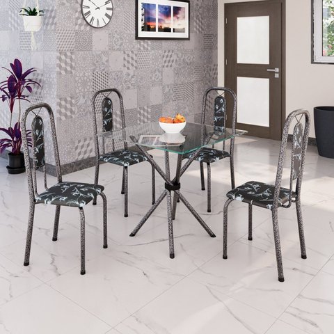 Conjunto de Mesa Tubular 75cm x 75cm Tampo Vidro Incolor com 4 Cadeiras Lívia Prata/Preto