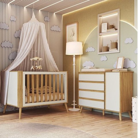 Quarto de Bebê Berço Arredondado 3 em 1 e Cômoda 1 Porta 100% MDF Luly Espresso Móveis Bege/Off White/Amêndoa