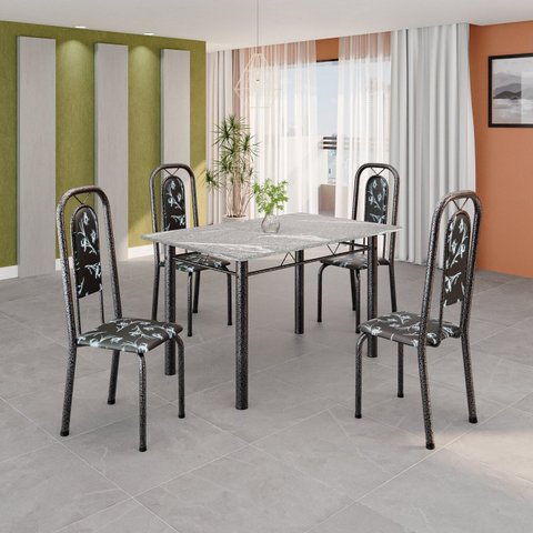 Conjunto de Mesa Tubular 120cm x 75cm Tampo Granito Topázio com 4 Cadeiras Lara Prata/Preto