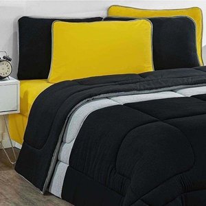 Kit Edredom + Jogo de Lençol Malha 100% Algodão Urbano 7 Peças Casal - Preto-mescla-amarelo