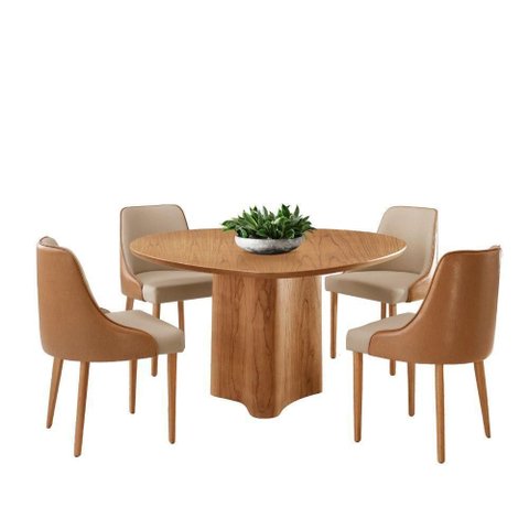 Sala de Jantar Mesa Selene 135cm Madeira Tampo Laminado Veludo Bege /star Caramelo /imbuia Nat.