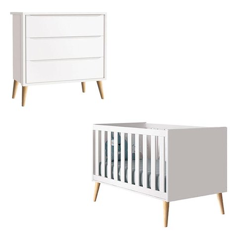 Berço Americano e Cômoda Gaveteiro Infantil Theo Branco Acetinado com Pés Madeira Natural – Reller