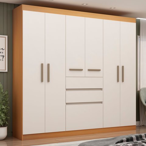 Guarda-Roupa Casal 7 Portas 2 Gavetas Berna Yescasa Bege/Freijo/White Laca