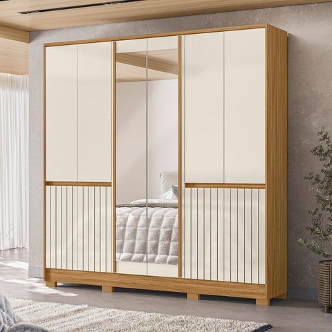Guarda Roupa Casal 10 Portas 4 Gavetas com 2 Espelhos Alasca Marrom/Freijo/Off White