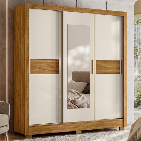 Guarda Roupa Casal 3 Portas de Correr 2 Gavetas 1 Espelho Bahamas Marrom/Freijo/Off White