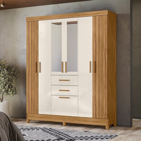 Guarda Roupa Casal Frisado 7 Portas 2 Gavetas 2 Espelhos e Pés Malta Marrom/Freijo/Off White