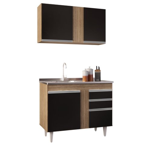 Armário Aéreo Indiana e Balcão Gabinete 100cm com Pia Inox Luziania Castanho/Preto - Lumil Lumil Móv