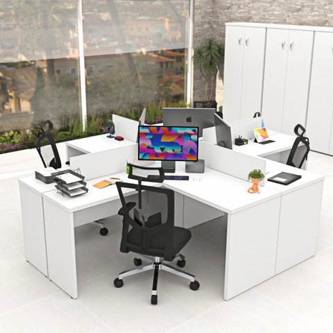 Estação de Trabalho Mesas em L 4 Lugares 120cm x 60cm Branco