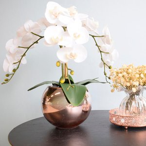 Arranjo de Flor Artificial com Três Orquideas de Silicone Branca no Vaso Rose Gold