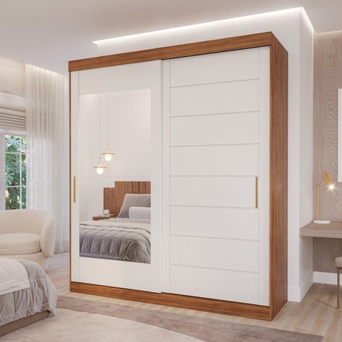 Guarda-Roupa Casal 2 Portas de Correr com Espelho 4 Gavetas 235cm 100% MDF Firenze Espresso Móveis