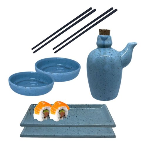 Kit Sushi Comida Japonesa Porcelana 2 Pessoas Azul Mesclado 7 peças + Hashi Molheira 110mL Prattos