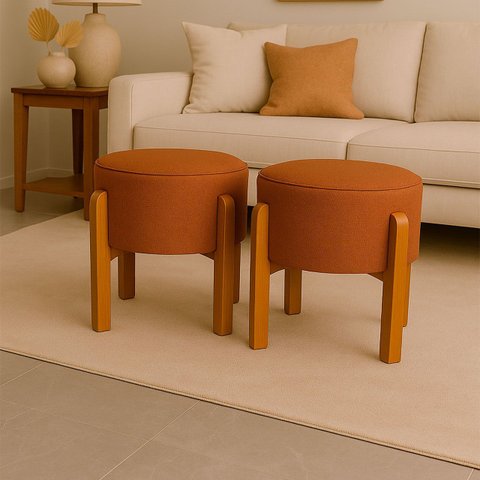 Kit 2 Puff Banqueta Redondo Zoe Linho Terracota Decorativo Base de Madeira - Arkell