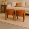 Kit 2 Puff Banqueta Redondo Zoe Linho Terracota Decorativo Base de Madeira - Arkell - 1