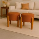 Ver imagem 1 de Kit 2 Puff Banqueta Redondo Zoe Linho Terracota Decorativo Base de Madeira - Arkell
