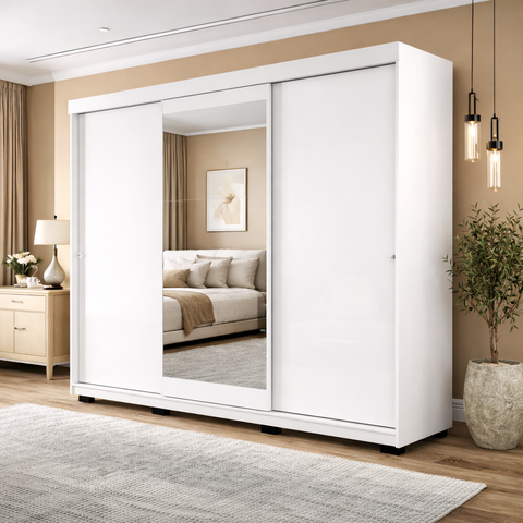 Guarda-Roupa 3 Portas de Correr 4 Gavetas com Espelho Porto Branco
