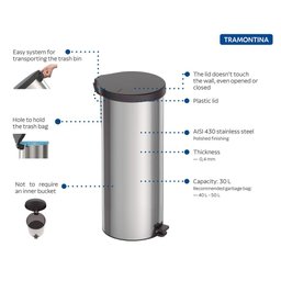 Lixeira Inox Pedal New Tramontina com Acabamento Polido 30 L - 4