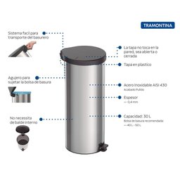 Lixeira Inox Pedal New Tramontina com Acabamento Polido 30 L - 3