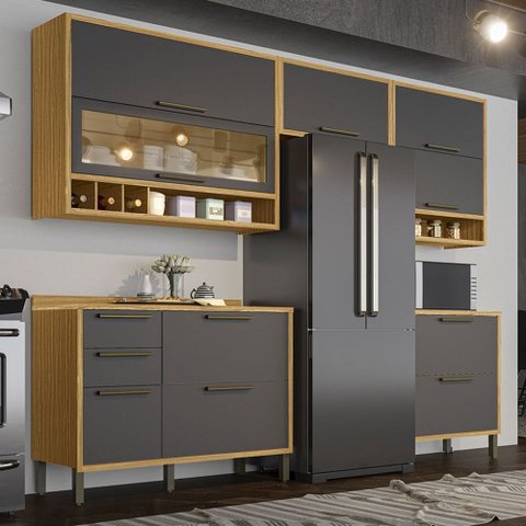 Armário de Cozinha com Balcão e Tampo 8 Portas 4 Gavetas Pérola 100% Mdf Vidro Reflecta Amêndoa/chum