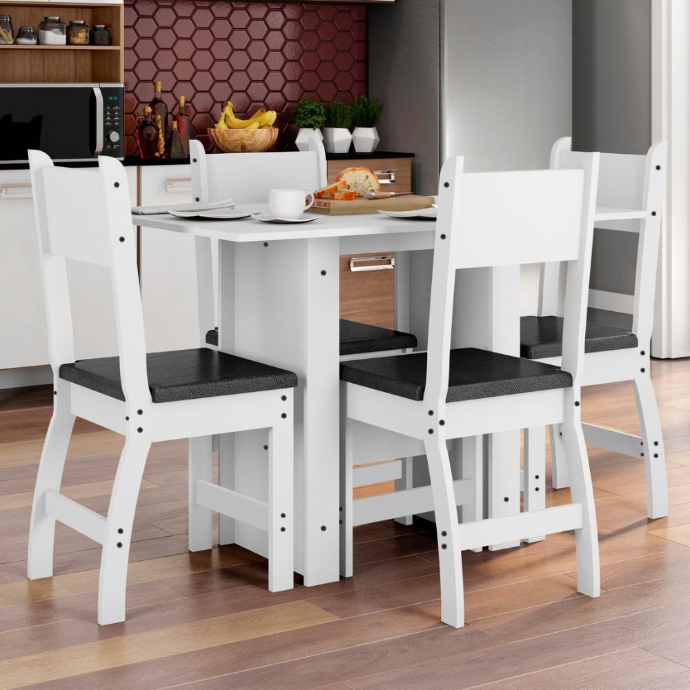 Conjunto de Mesa e 4 Cadeiras para Sala de Jantar Milano-Poliman - Branco / Preto