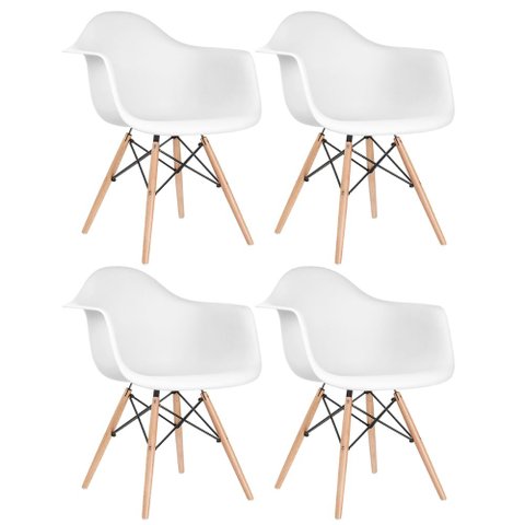 Kit 4 Cadeiras Charles Eames Eiffel Daw com Braços - Base de Madeira Clara - Branco