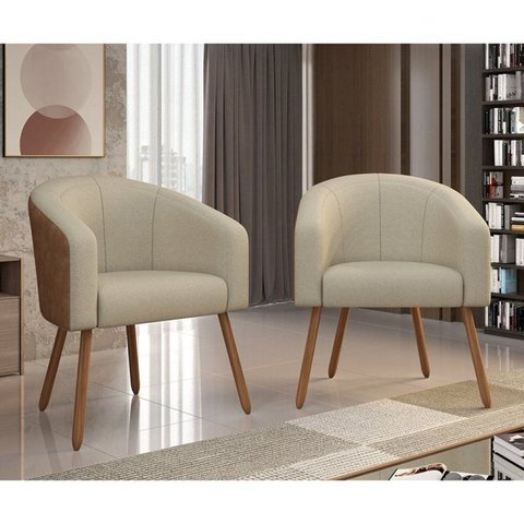 Kit Duas Poltronas Decorativa com Pés em Madeira Marselha Bege