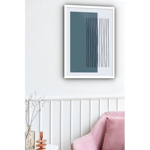 Quadro Decorativo Abstrato Azul Petróleo Linhas - 70x50cm:moldura Branca