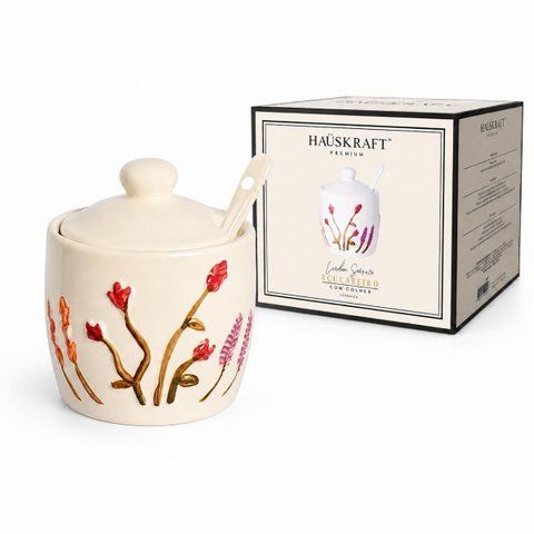 Açucareiro Cerâmica Florescer 260ml com Tampa e Colher Floral