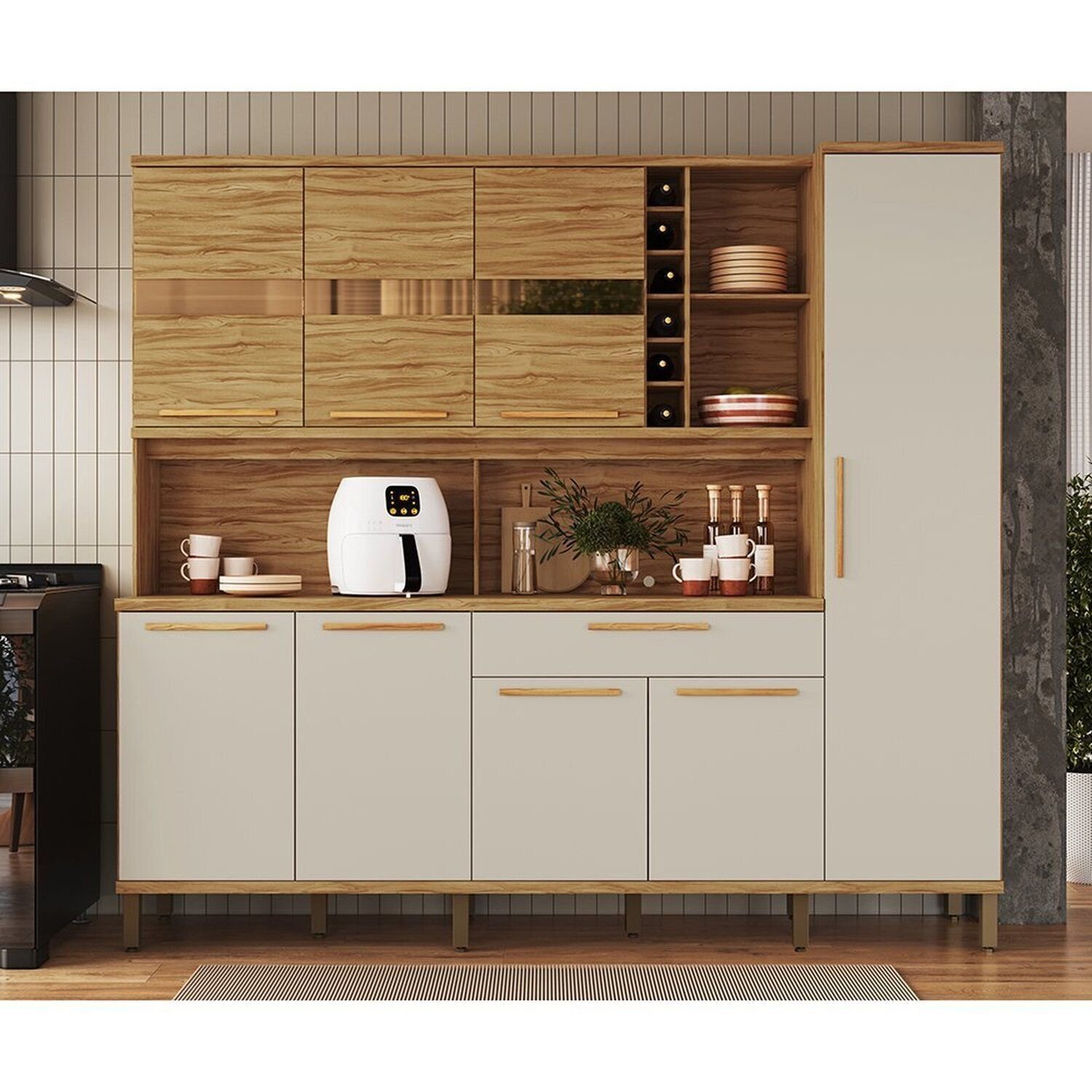 Cozinha Compacta 222cm com 8 Portas 1 Gaveta e Mini Adega 100% Mdf Suécia Espresso Móveis