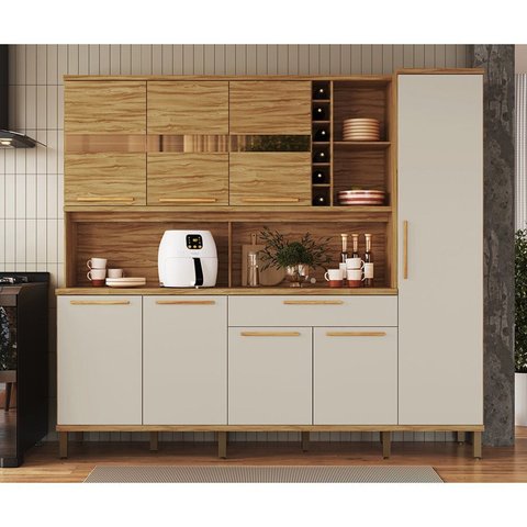 Armário de Cozinha Compacta 8 Portas 1 Gaveta e Mini Adega 222cm 100% MDF Suécia Espresso Móveis Branco/Amêndoa/Off White