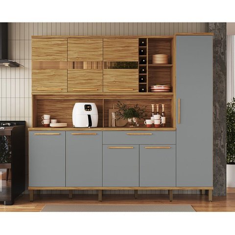 Armário de Cozinha Compacta 8 Portas 1 Gaveta e Mini Adega 222cm 100% MDF Suécia Espresso Móveis Cinza/Amêndoa