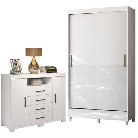 Guarda Roupa Solteiro 2 Portas de Correr com Pés e Cômoda Havana Master com Pés Branco Brilho - Sant
