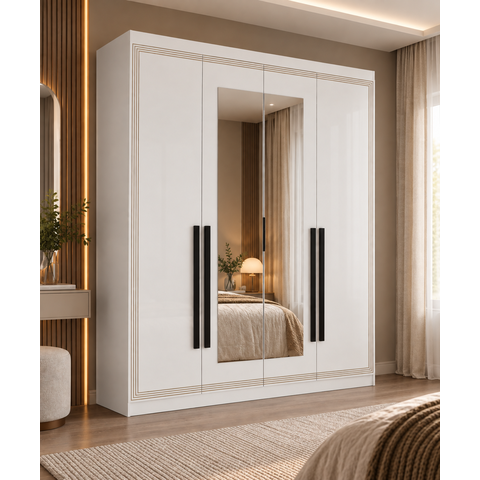Guarda Roupa 4 Portas e 4 Gavetas com Espelho Valência Branco