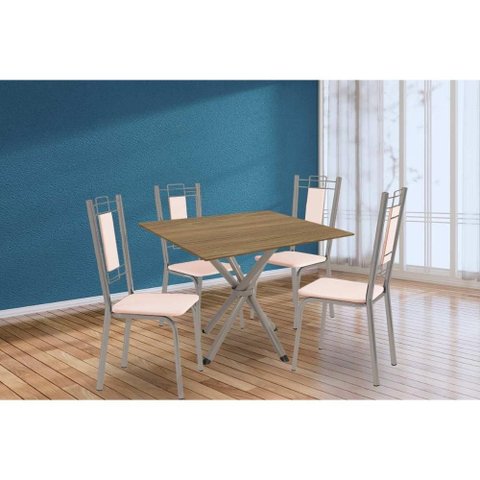 Conjunto: Mesa Sala Jantar Volga C/ Tampo de Madeira 90cm e 4 Cadeiras Florença Niquel/nogueira -