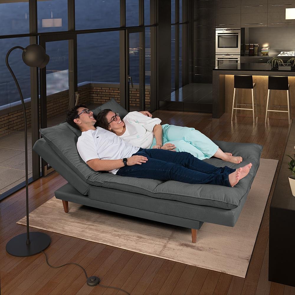 Sofá Cama Vancouver com Banqueta Suede Cinza 380 Império Estofados