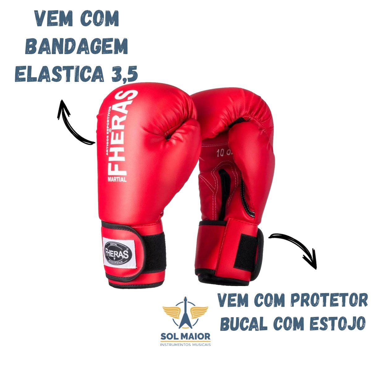 Kit Luvas Boxe Tradicional FHERAS + Bandagem e Protetor Bucal - 08 OZ - Vermelho - 7