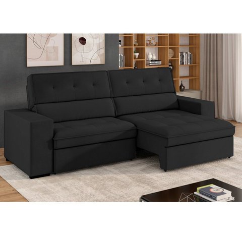 Sofá 3 Lugares Retrátil e Reclinável Veludo Soft 230cm Grécia Preto