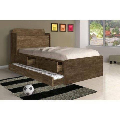Cama Solteiro Tamires Baú Castanho Com Auxiliar