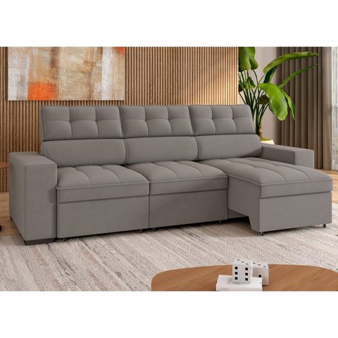Sofá 4 Lugares Retrátil e Reclinável Veludo Soft 290cm Grécia Bege