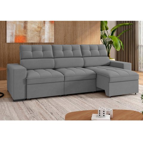 Sofá 4 Lugares Retrátil e Reclinável Veludo Soft 290cm Grécia Cinza