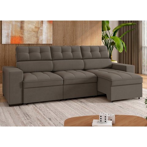 Sofá 4 Lugares Retrátil e Reclinável Veludo Soft 290cm Grécia Marrom