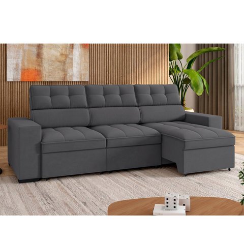 Sofá 4 Lugares Retrátil e Reclinável Veludo Soft 290cm Grécia Cinza Grafite