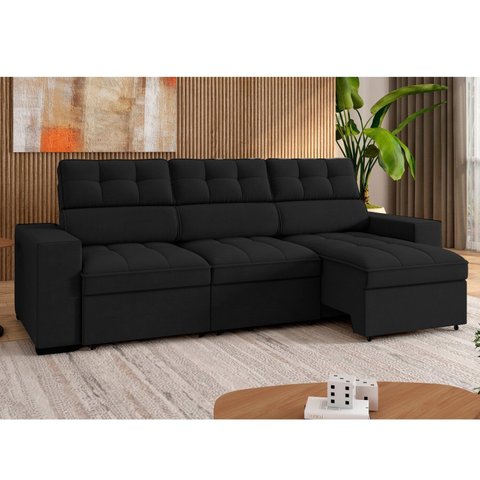 Sofá 4 Lugares Retrátil e Reclinável Veludo Soft 290cm Grécia Preto