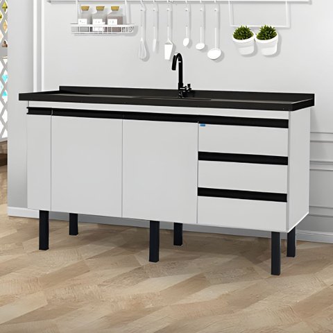 Gabinete de Cozinha 3 Gavetas Armário de Pia 2 Porta 144cm:Branco