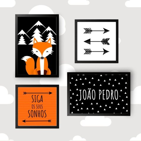 Kit com 4 Quadros Decorativos do Tema Raposinha:preta